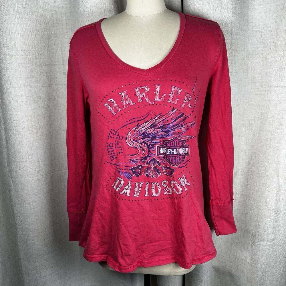 Harley Davidson‎ Women XL Top Shirt Pink Wing Bejeweled Gainesville FL Gator